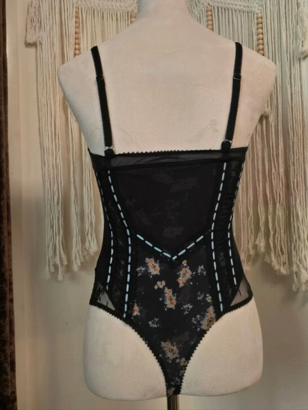 Free People Black Floral Lace Bodysuit with Blue Trim